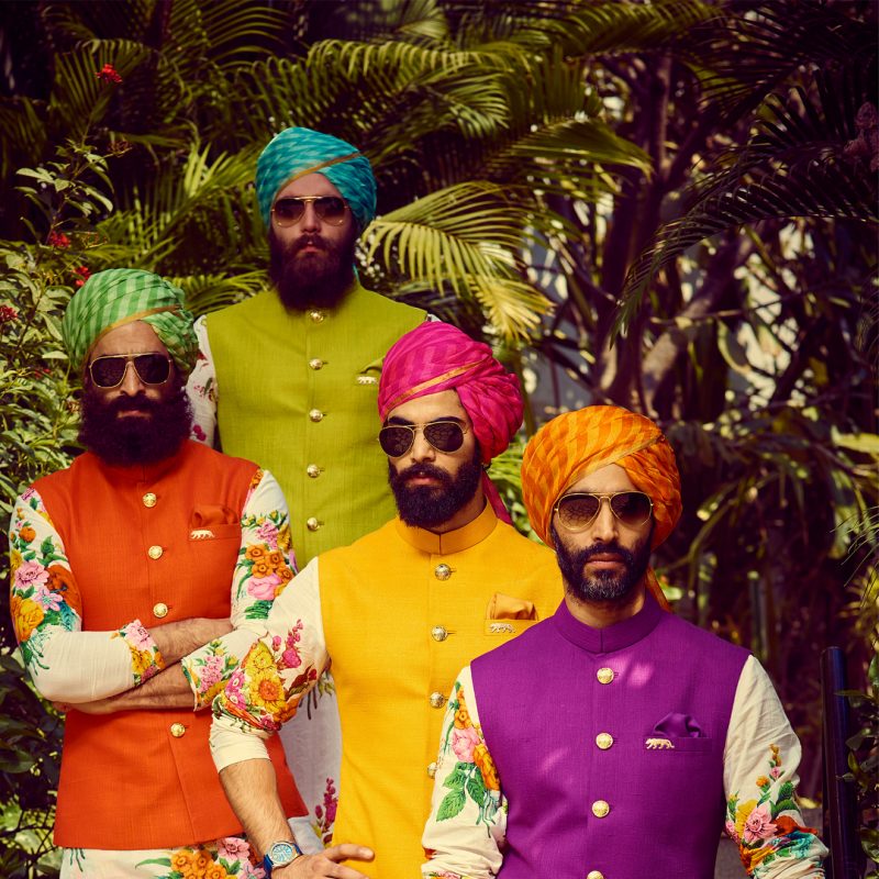 Pink orange blue green Leheriya Designer safa by Sabyasachi