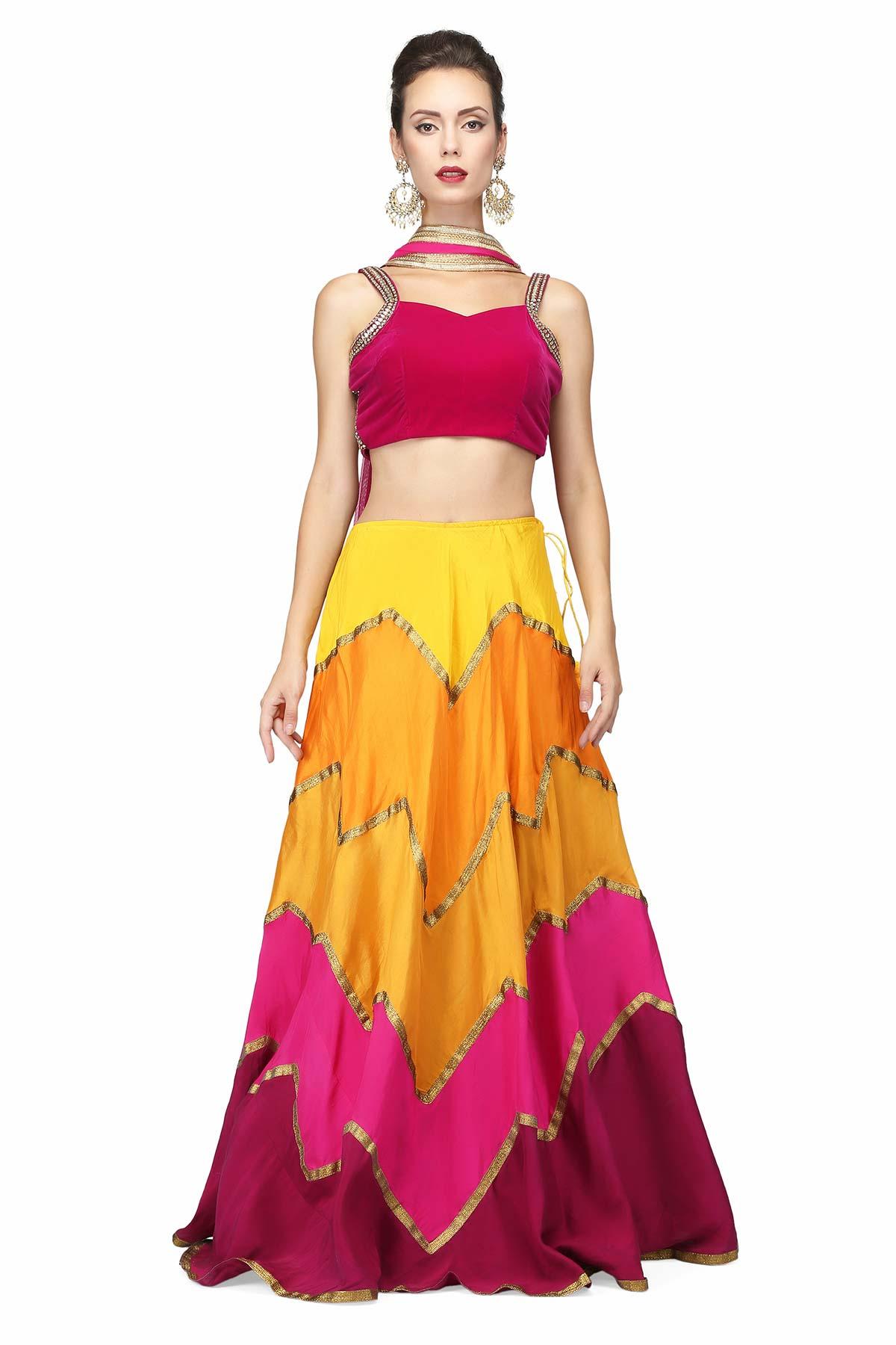 Multi coloured lehenga for rent for under 5k