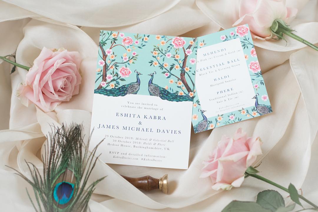 best wedding cards for Indian wedding - peacocks and florals in a blue invite