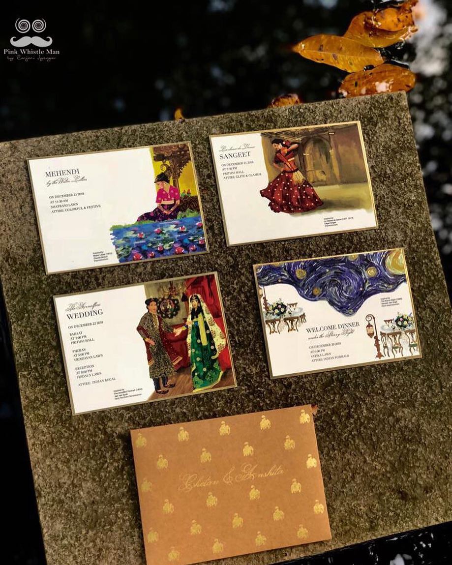 Unique wedding invitation with illustrations for an Indian wedding - a couple that studied art history paid an homage to famous impressionist artists - Van Gogh, Monet, Degas and Renaissance artist - Arnolfini
