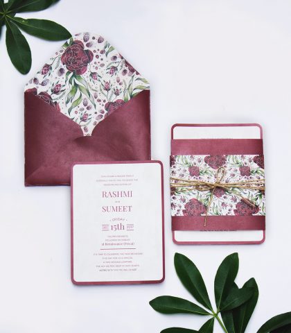 burgundy floral wedding invitation with floral envelope lining and simple elegant insert