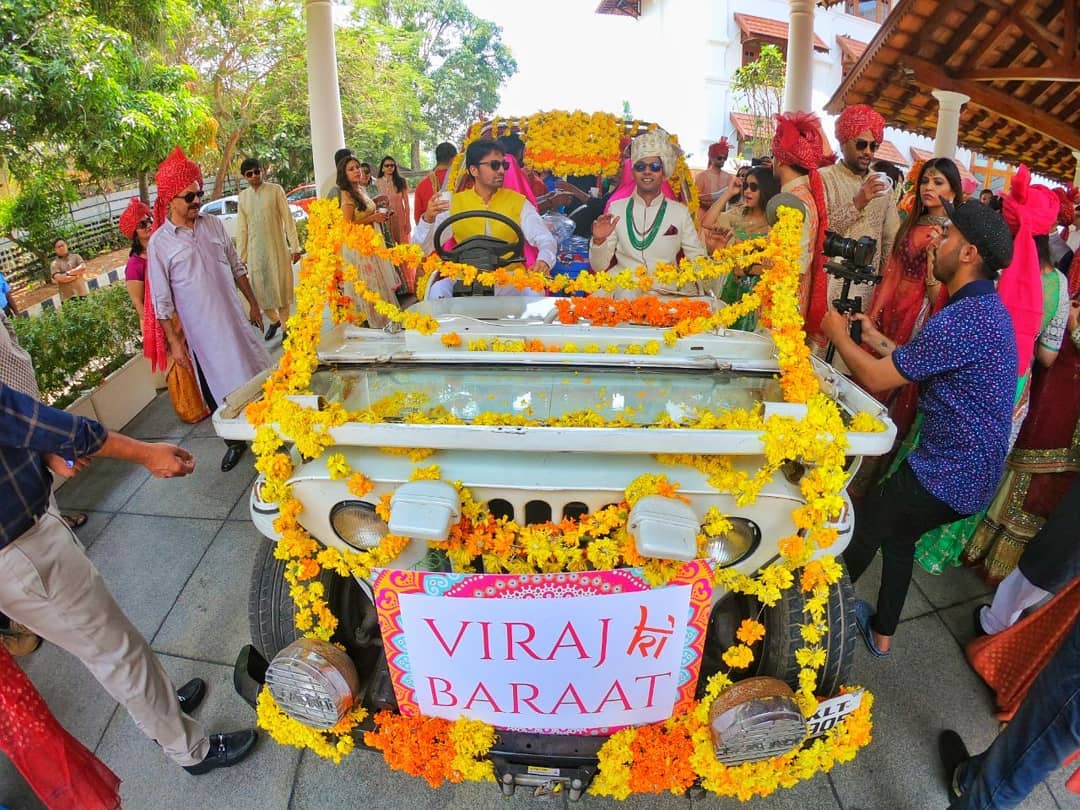 Decorated car with sign for groom entry