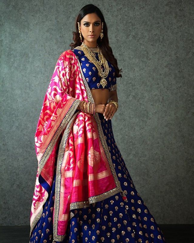 Indigo blue lehenga with fuschia pink dupatta in silk - Benzer Mumbai